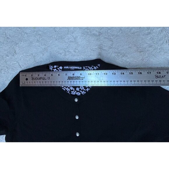 New Karl Lagerfeld Large Button Front Lace-Panel Crop Cardigan Sweater Black - Picture 6 of 10